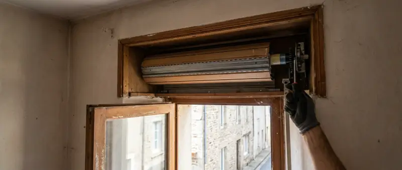Caisson de volet roulant ouvert, axe et tablier accessibles pendant une réparation